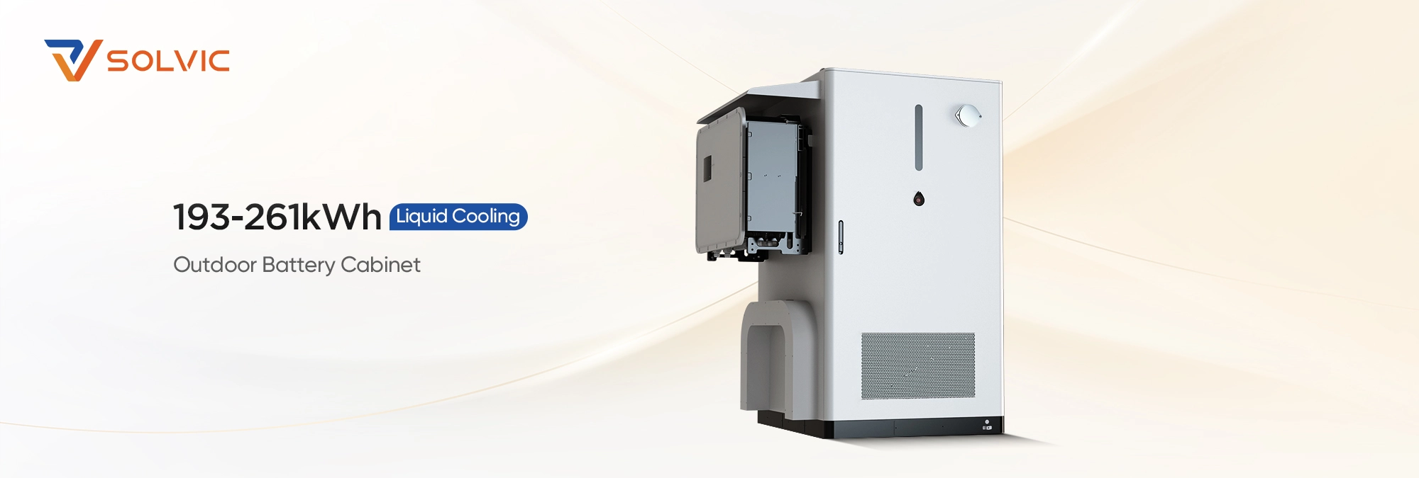 Solvic 193-261KWH liquid cooling battery cabinet poster – modular high-density LFP energy storage with liquid thermal management system, featuring cooling pipes and heat exchanger for uniform temperature control, ideal for commercial and utility-scale BESS projects
